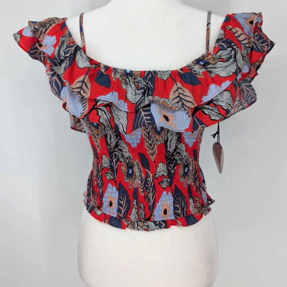 Milk & Honey Red Blue Floral Smoked Ruffle Flutter Sleeve Blouse Crop Top Medium